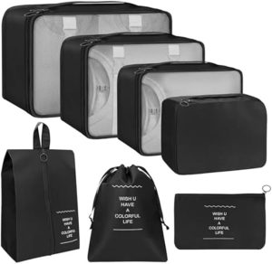 Kit Organizador de Mala para Viagem 7 Peças Conjunto Organizador Completo Bolsas Necessaire Sapatos Maquiagem Roupas Bagagem Organizada (Preto)
